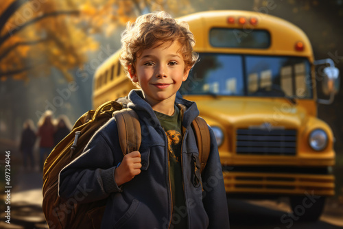 Schoolboy in front of a yellow school bus