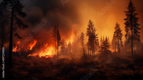The forest is ablaze as trees burn and smoke billows into the sky. The fire rages on, threatening to consume the entire woodland