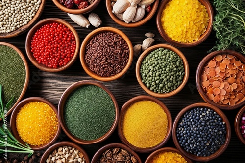 Culinary Rainbow: A Variety of Spices and Legumes in Wooden Bowls