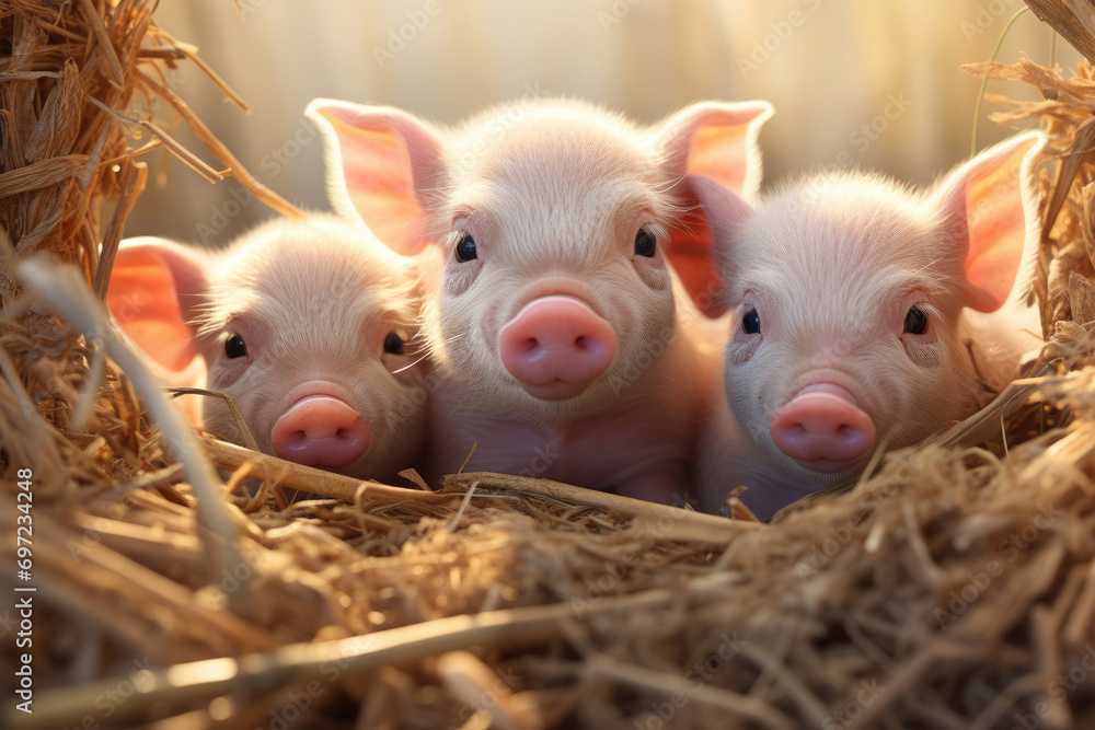 Funny newborn piglets in straw, hay Funny newborn piglets in straw, hay