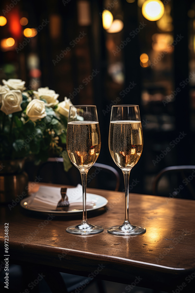 Two glasses of champagne and a bouquet of flowers on a table in a restaurant, a romantic date. Vertical orientation Two glasses of champagne and a bouquet of flowers on a table in a restaurant, a romantic date. Vertical orientation