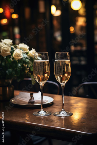 Two glasses of champagne and a bouquet of flowers on a table in a restaurant, a romantic date. Vertical orientation