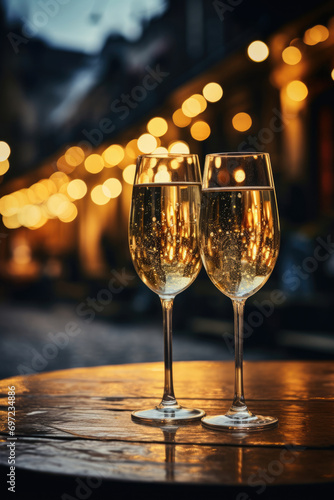 Two glasses of champagne on a background of city lights. Vertical orientation