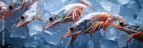 Fresh raw frozen shrimp in ice