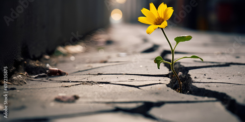   A single yellow flower growing out of a crack in the pavement Closeup photo of a flower growing out of a road There is a small yellow flower growing out of the ground  AI Generative  © Faiza