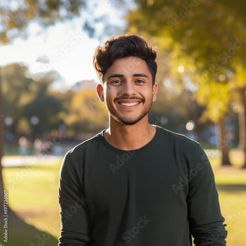 Young hispanic man smiling confident standing at park ai technology