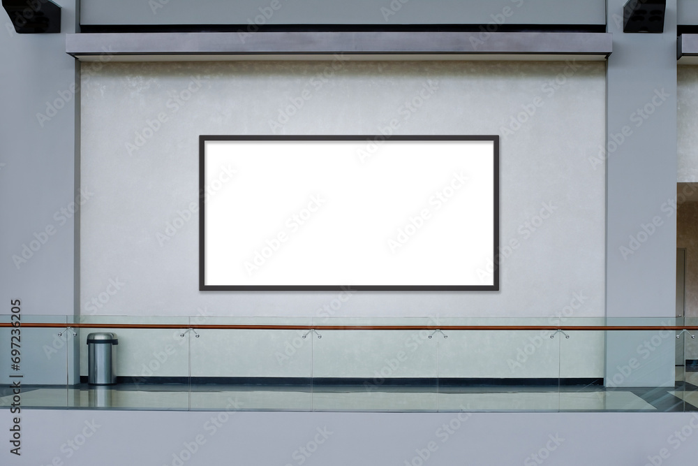 Horizontal advertising blank mockup on light textured wall. OOH out of home framed poster template. Modern shopping mall interior. Transparent PNG file Horizontal advertising blank mockup on light textured wall. OOH out of home framed poster template. Modern shopping mall interior. Transparent PNG file