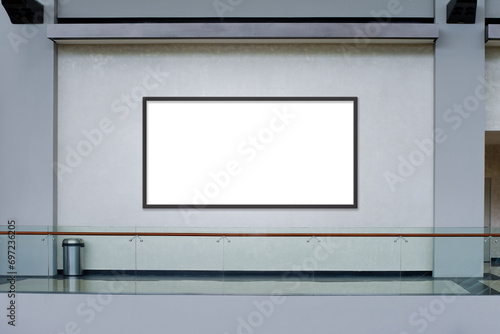 Horizontal advertising blank mockup on light textured wall. OOH out of home framed poster template. Modern shopping mall interior. Transparent PNG file