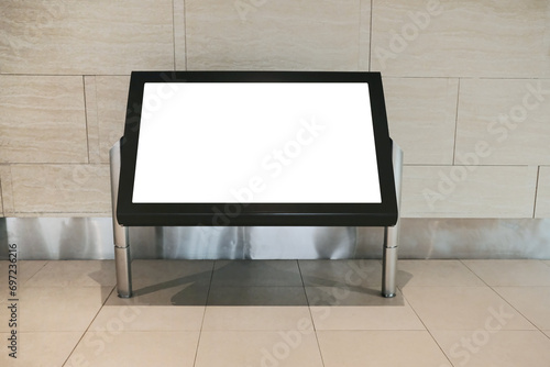 Information kiosk blank template mockup in front of clean tiled wall. Mock up for street map or shopping mall retail floor directory. Directional sign or locality map. Transparent PNG file