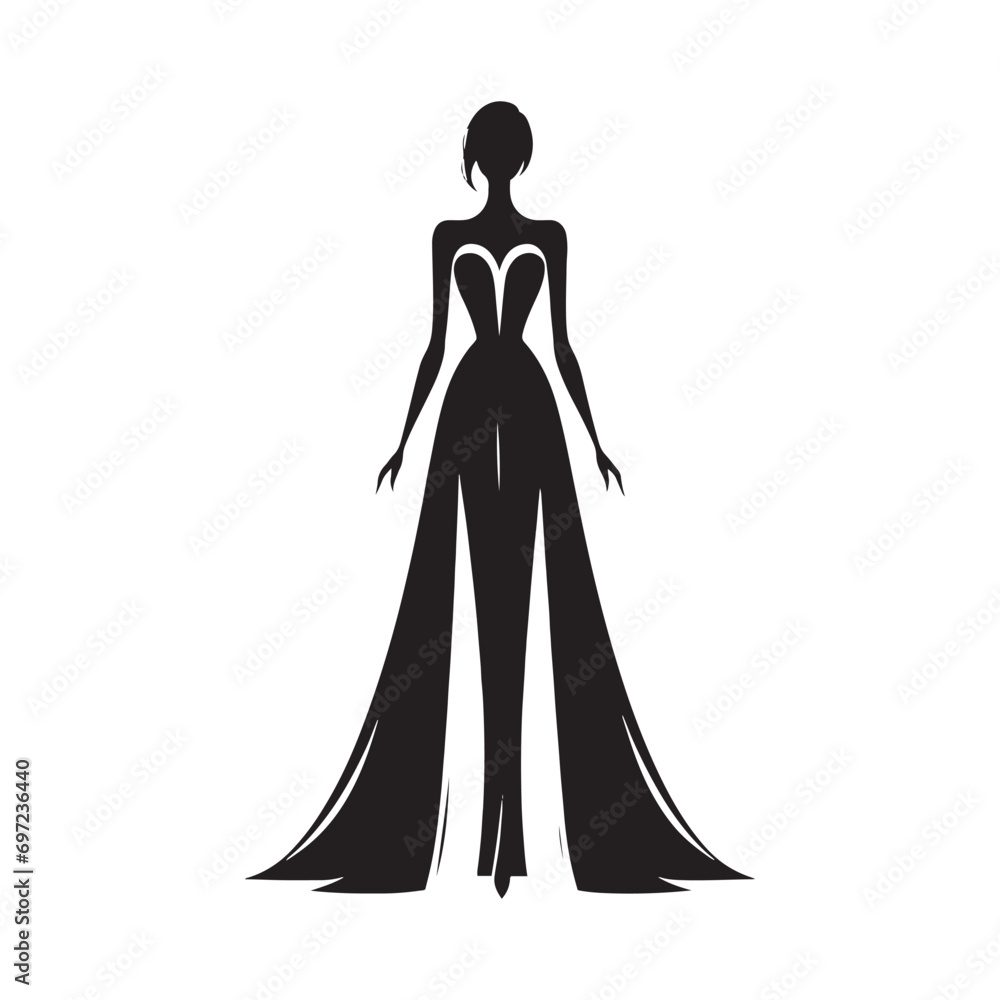 A Captivating Scene: Silhouette of a Well-Dressed Woman - A Lady in Glamorous Evening Wear, Striking a Pose of Poise and Confidence, Her Outline Framed by the Glowing Lights of a Chic Urban Setting.
