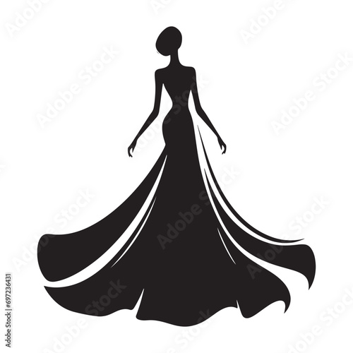 Well-Dressed Woman Silhouette: Evening Soiree Elegance - A Lady in a Glamorous Gown Strikes a Chic Pose, Creating a Striking Silhouette against the Twilight Sky, Radiating Evening Glamour.

