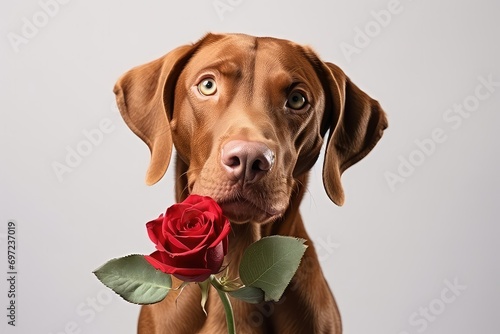 A doggie with a red rose as a Valentine's Day gift photo