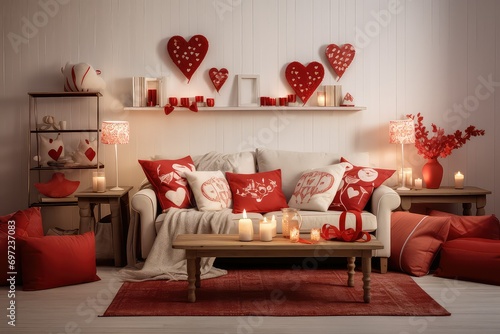 The interior of a room decorated for Valentine's Day photo