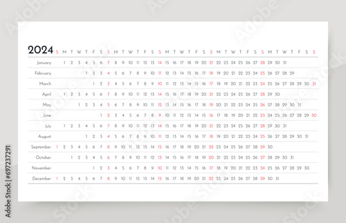 Linear 2024 calendar. Horizontal planner template. Yearly long calender. Week starts Sunday. Annual schedule grid with 12 months. Landscape orientation, english. Simple design. Vector illustration. photo