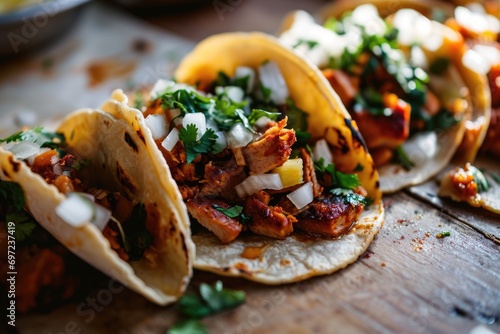 Savor Mexico: Tacos al Pastor, the Quintessential Mexican Street Food, where Spicy Marinated Pork Meets Fresh Pineapple and Zesty Cilantro, Offering a Burst of Authentic Flavors in Every Bite