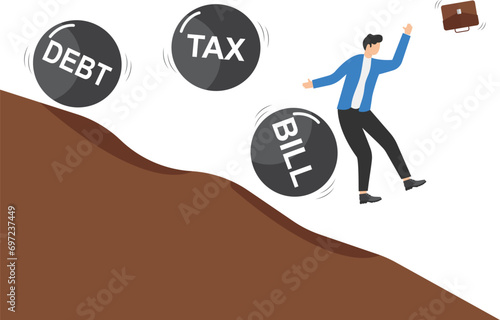 Entrepreneur evades taxes. Businessman with financial problems trying to avoid debt. Man run away from balls. Bankruptcy and economic crisis. Avoidance of tax burden.


