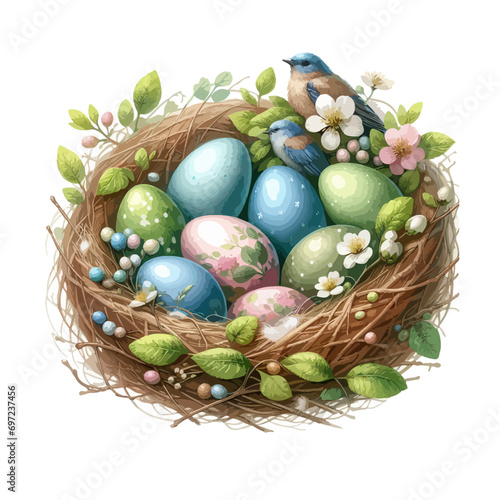 Spring Easter watercolor composition. Easter eggs in nest with flowers.