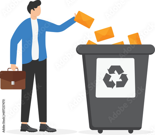 Businessman deletes spam or read mail from mailbox. Email cleaner. Female clerk throws letters into trash can. File manager, deleting unnecessary files. Flat Vector illustration

