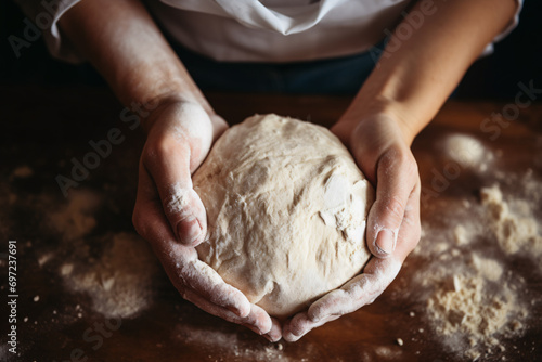 Top view of man's hands holding dough for bread baking