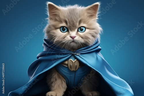 superhero cat, Scottish Whiskas with a blue cloak and mask. The concept of a superhero, super cat, leader © Robin