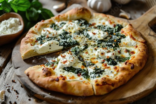 White Pizza Elegance  Indulge in Culinary Delight with a Rich and Creamy Symphony of Spinach and Ricotta  Perfectly Baked to Perfection for a Gourmet Italian Experience