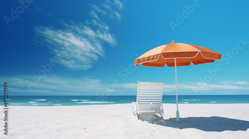 beach with orange umbrella and white sunbed chairs, white sand