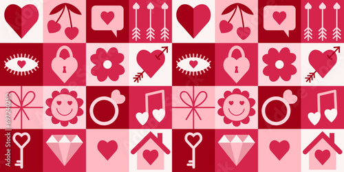 Happy Valentine's day bauhaus geometric seamless pattern. Simple shapes and icons in flat minimalist style. Modern vector ornament for print, banner, card, fabric, cover, wrapping paper, wallpaper