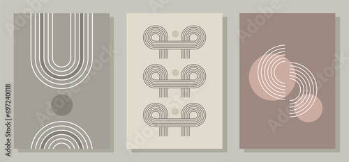Set of modern minimalist zen arch posters with editable stroke. Minimal boho arch and shape posters set. Set of backgrounds with geometric linear shapes and arches