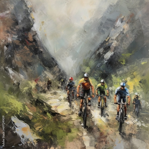 Cyclists in the mountains oil on canvas a picture