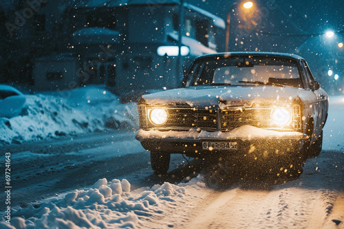 essential act of snow removal from a car, presenting it as a necessary part of winter life in a cinematic style.
