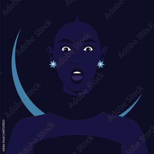 African woman's frightened face. Fears and phobias. Night party. Vector flat illustration