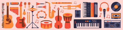 Musical instruments flat icons.