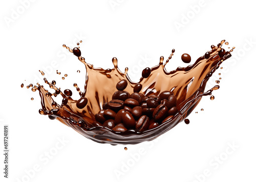 Coffee splash with coffee beans isolated on transparent or white background, png