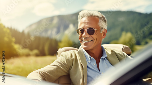 Happy mature successful businessman sitting in the luxury sport car