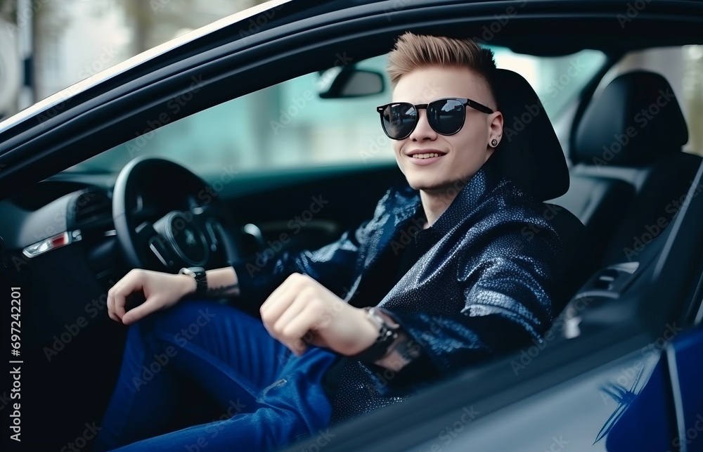 Happy man sitting in sport car. Cool contemporary guy in personal vehicle. Generate ai