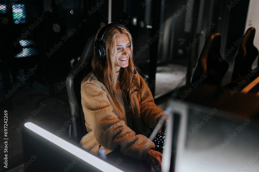 © Maskot - Smiling woman playing video game in illuminated gaming center © Maskot - Smiling woman playing video game in illuminated gaming center