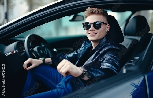 Happy man sitting in sport car. Cool contemporary guy in personal vehicle. Generate ai © nsit0108
