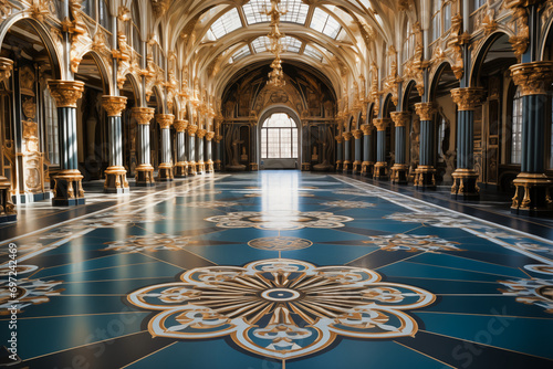 a blue palace hall with a circular floor and ornate structure, photo