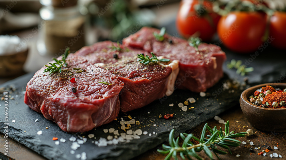 Fresh meat on slate black board top view. Raw beef steak and spices for cooking