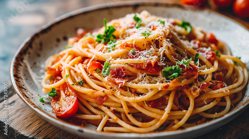 Spaghetti alla Amatriciana z boczkiem, pomidorami i serem pecorino