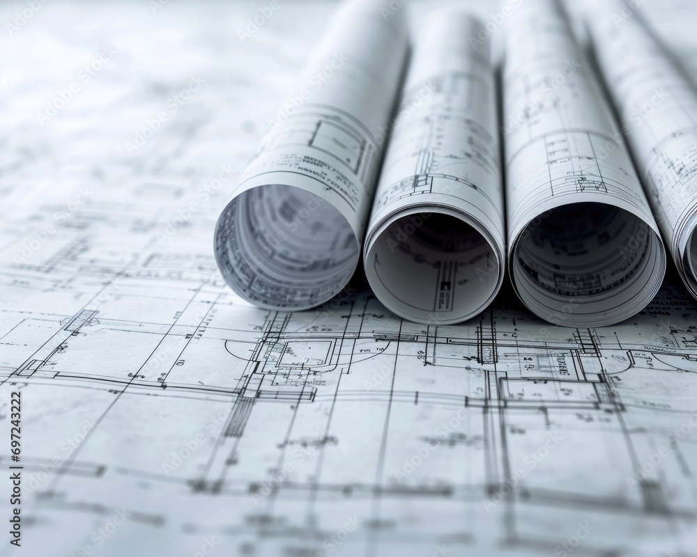 Architect's Blueprint: Close-up of Construction Plan Rolls on White Background Architect's Blueprint: Close-up of Construction Plan Rolls on White Background