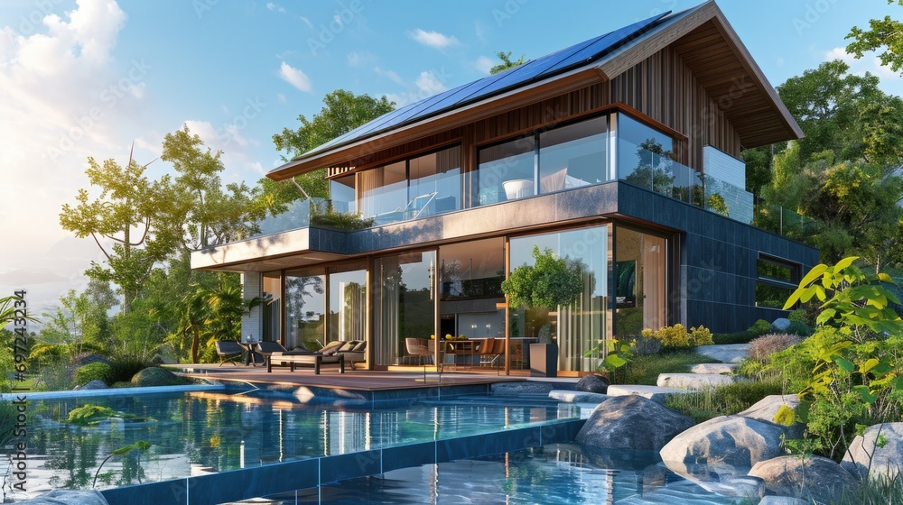 Luxury Eco Villa: Modern House with Solar Panels, Terrace, and Pool