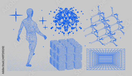 Brutalism 3D graphic. Retro futuristic aesthetic elements, geometry wireframe shapes and grids. Trendy abstract bitmap, halftone graphic. Vector set