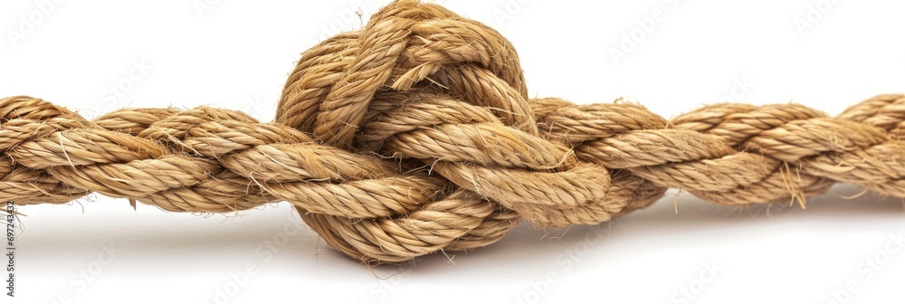 Close-Up Rope Knot on White Background - Textured Cordage and Fastening Element Close-Up Rope Knot on White Background - Textured Cordage and Fastening Element
