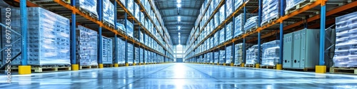 Expansive Cold Storage Warehouse Interior: Bottom View of Refrigerated Bulk Storage Facility for Business Distribution and Merchandise photo