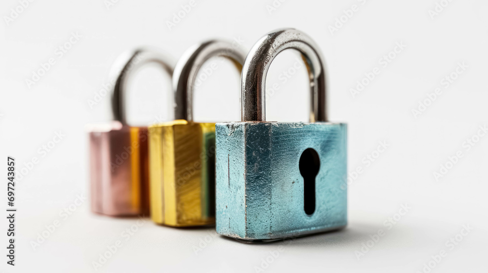 3 Colorful Padlocks Representing 3D Secure. The Triad of Modern Digital Security. Triple Shield - obrazy, fototapety, plakaty 