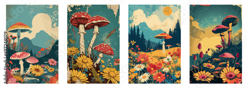 Bright and exciting poster in the style of the 70s with flowers and mushrooms