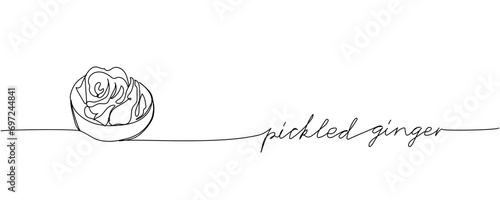 pickled ginger in a bowl, Sushi set one line art. Continuous line drawing of sushi, japanese, food, roll, culture, tasty, restaurant, japan, asian, sea, menu with inscription, lettering, handwritten.
