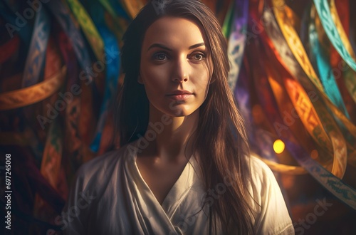 Religious woman with brown hair on colorful hanging bands. Vivid authentic faithful brunette lady. Generate ai