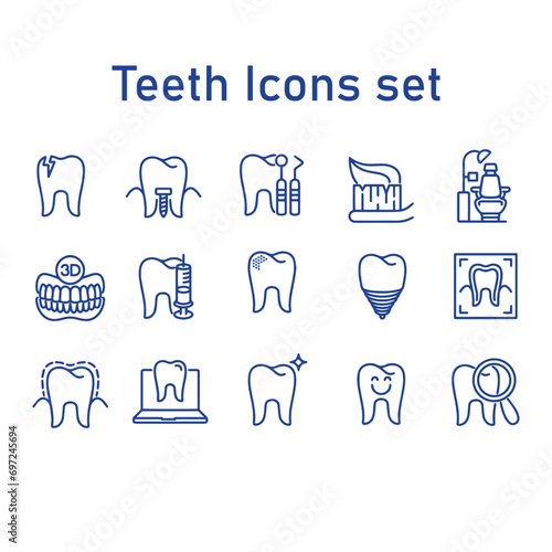 set of teeth line vector icons, such as, tooth, dentist, clean, protect photo